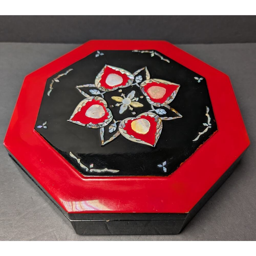 Vtg Mother of Pearl Inlaid Lacquer Wood Box 9.75" Octagon Keepsake Jewelry Decor